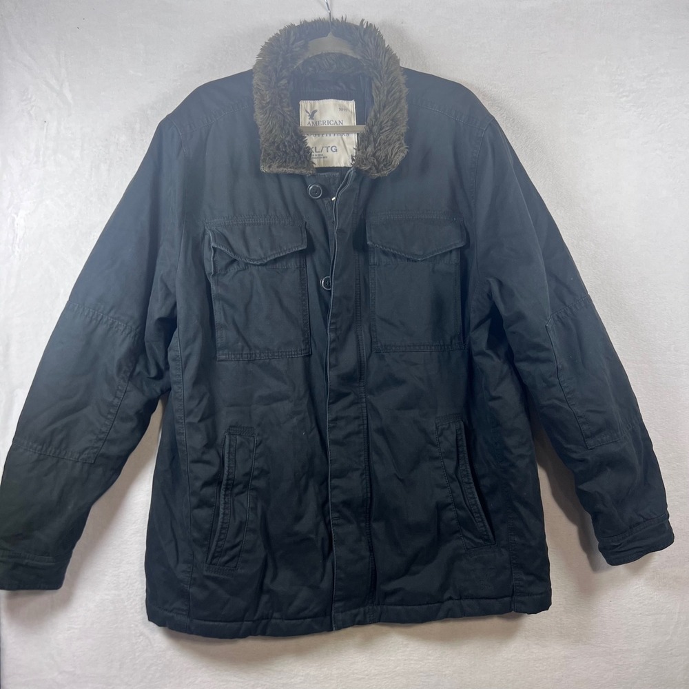 American Eagle Mens XL Black Faux Fur Collar Quilted Military Field Jacket Y2K